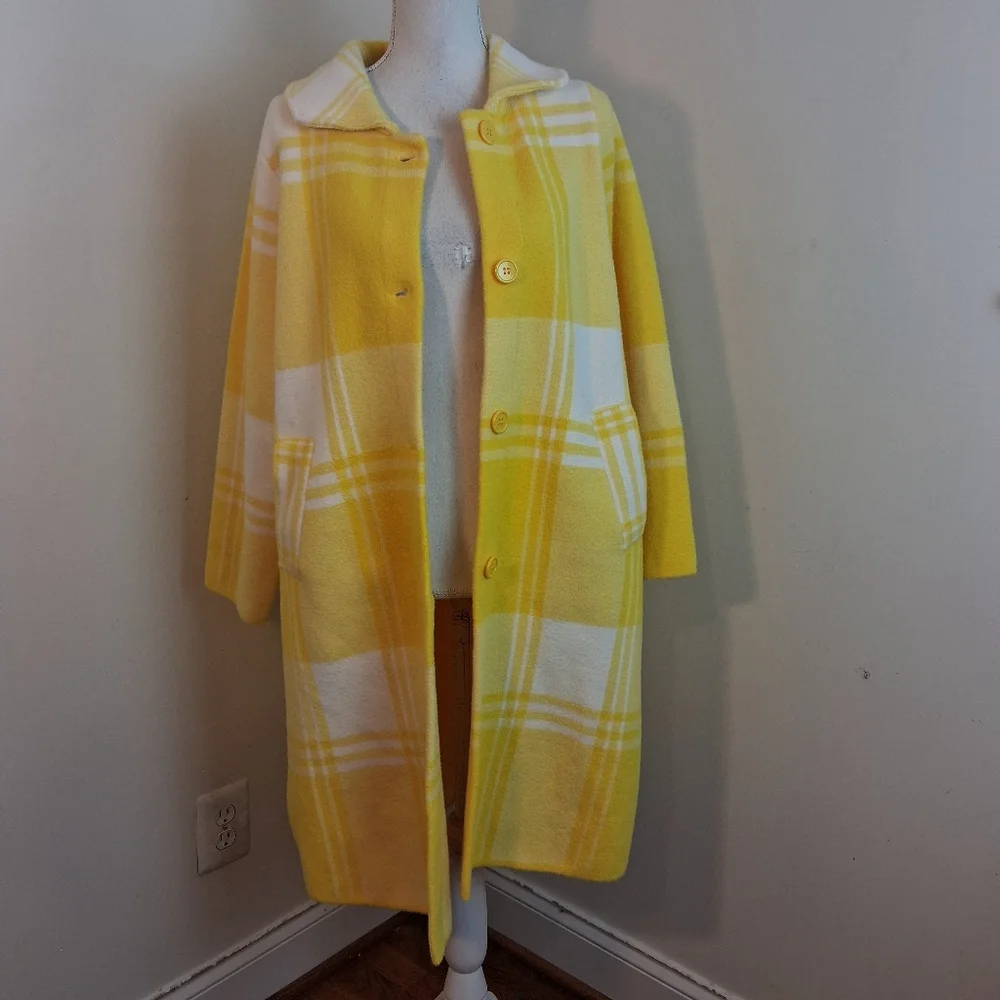 Lesley Evers Natalie Coat In Lemon Yellow Plaid Size Medium NWT - Picture 2 of 13